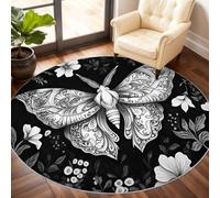 Vintage Moth Round Rug 60cm, Dark Floral Circle Rugs, Gothic Rug, Washable Round Carpet for Kitchen Dining Living Room Bathroom Beneath the Furniture