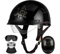 Vintage Motorbike Half Helmet, ECE 22.06 Certified Wolf Skull Printed Shell with Built-in Sun Visor, Bonus Goggles & Skull Gaiter, Leather Strap Light Fit for Scooter Street Bike 8,L/(59~60cm)
