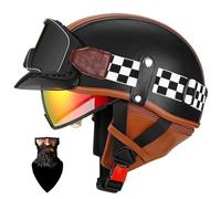 Vintage Motorcycle Helmet PU Leather Retro Jet Helmet Motorcycle Crash Helmet with Goggles Scooter Helmet, ECE Certified, Unisex I,M55-56CM