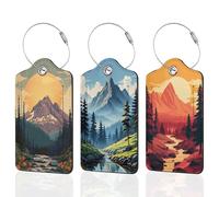 Vintage Mountain FlowLuggage Tags for Suitcase, Sunset Range Leather Bag Tags Identifiers Privacy Cover ID Label with Durable Steel Loop for Women Men Kids Girls Travel