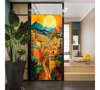 Vintage Mountain Villa Stained Glass Window Film Cartoon Warm Sunrise City Privacy Window Film Non-Adhesive Glass Film Decorative Static Cling Film for Home Office 23.6Wx35.4L inch