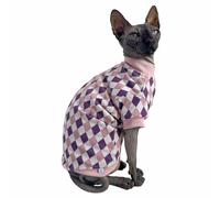 Vintage Mulan Cotton Sphynx Hairless Cats Shirt Cat Turtleneck Pet Clothes Kitten T-Shirts with Sleeves for Sphynx Cornish Rex, Devon Rex, Peterbald (Rhombus Pink, Small)