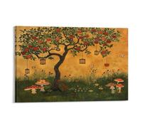 Vintage Mushroom Canvas Wall Art, Forest Rustic Fruit Tree Butterfly Flower Painting Print on Textured Canvas, Wall Poster Artwork for Living Room Bedroom Office Decor Frame 16x24inch(40x60cm)