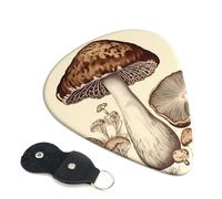 Vintage Mushrooms Drawing Guitar Picks 6 Pack with Leather Guitar Pick Holder Keychain, Plectrum Key Fob Cases Bag, Abstract Art Plectrum for Acoustic Electric Guitar, Ukulele 0.71mm
