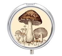 Vintage Mushrooms Drawing Metal Pill Organizer, 3 Compartment Waterproof Pill Case with Mirror for Purse Pocket Bag, Daily Medicine Vitamin Holder, Portable Travel Med Container(Round)