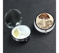 Vintage Mushrooms Drawing Pill Box 3 Compartment Pill Case for Purse or Pocket Small Medicine Organizer with Mirror Travel Pillbox Decorative Metal Vitamin Container Unique Gift