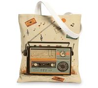 Vintage Music Canvas Tote Bag Art Retro Radio Print Reusable Grocery Bag Lightweight Washable Tote Bag with Shoulder Strap, beige, 13x15 Inch