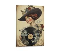Vintage Music Lady Wall Art Retro Record Poster with Elegant Woman And Musical Notes Aesthetic 1920s Style Canvas Print for Living Room Bar Or Studio Decor Gift 20x30inch Frame