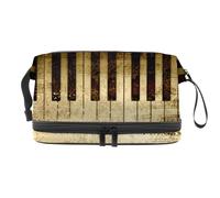 Vintage Music Notes with Piano Double Layer Cosmetic Bag for Women and Girls, Travel Toiletry Bag Makeup Handy Pouch Organiser Bag with Brush Compartment