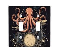 Vintage Music Octopus Decorative Light Switch Cover Plate 2 Gang Double Toggle, Fun Drum Set Sealife Electrical Faceplate for Kitchen Bathroom, Weird Kid Switchcover Decor