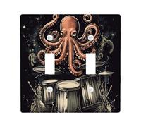 Vintage Music Octopus Decorative Light Switch Cover Wall Plate 2 Gang Double Toggle, Fun Drum Set Sealife Electrical Faceplate for Kitchen Bathroom, Weird Kid Switchcover Decor
