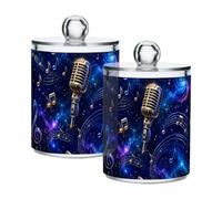 Vintage Musical Cosmic Blue Lidded Storage Jars for Bathroom Essentials | Cotton Ball Holder with Clear PS Plastic, Close-fitting Lid, and Supports Quick Access; Pack Of 2