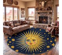 Vintage Mystic Round Area Rug Living Room, Washable Non Slip Carpet 240 cm | Soft Low Pile Astrology Art Sun Stars Stripes Circle Rug, Dark Blue Stain & Fade Resistant Carpet for Bedroom Living Room