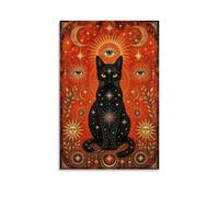 Vintage Mystical Black Cat Sun Moon Star Celestial Tarot Style Canvas Printed Posters Wall Art, Dark Boho Art for Bedroom Living Room Meditation Room Home Decor 20x30inch