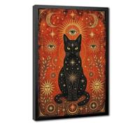 Vintage Mystical Black Cat Sun Moon Star Celestial Tarot Style Canvas Printed Posters Wall Art, Dark Boho Art for Bedroom Living Room Meditation Room Home Decor Black Frame 24x36in