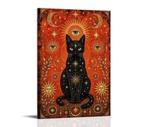 Vintage Mystical Black Cat Sun Moon Star Celestial Tarot Style Canvas Printed Posters Wall Art, Dark Boho Art for Bedroom Living Room Meditation Room Home Decor 16x24inch