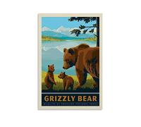 Vintage National Park Poster Grizzly Bear Old Fashioned Poster Decorative Painting Canvas Wall Posters And Art Picture Print Modern Family Bedroom Decor Posters 16x24inch(40x60cm)