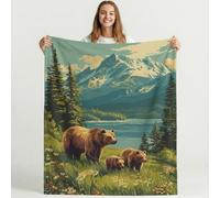 Vintage Nature Landscape Brown Bear Blanket Blue Green Blankets Printed Fleece Cozy Warm Blanket for Couch Travel Sofa Teens Adult Bedroom Decor Plush Throw Blankets 59in × 59in (150cm × 150cm)