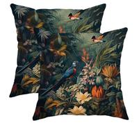 Vintage Nature Scene Throw Pillow Covers Set of 2 Jungle Oil Painting Birds Forest Flower Plants Green Cozy Velvet Washable Decorative for Bed Indoor Office Bedroom Sofa Cushion Cover 12x12 Inch