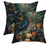 Vintage Nature Scene Throw Pillow Covers Set of 2 Jungle Oil Painting Birds Forest Flower Plants Green Cozy Velvet Washable Decorative for Bed Indoor Office Bedroom Sofa Cushion Cover 16x16inch