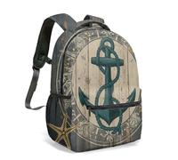 Vintage Nautical Anchor 16 Inch Backpack All Over Print Illustration Stars Laurel Ribbon Ornate Decorative Bag (04)