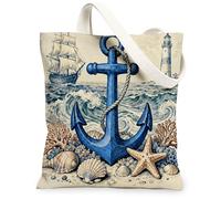 Vintage Nautical Anchor Canvas Tote Bag for Shopping 13x15, Cool Beach Coastal Reusable Grocery Print Pattern Bag for Women, Aesthetic Beachy Beach Aesthetic Painting Gift Decor