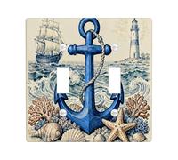 Vintage Nautical Anchor Decorative Light Switch Cover Wall Plate 2 Gang Double Toggle, Cool Beach Coastal Electrical Switchplate, Aesthetic Beachy Print Electrical Faceplate for Room