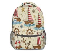 Vintage Nautical Backpack: Red & White Striped Sailboat, Ship Wheel, Ocean Elements, Lightweight Travel Daypack for Men & Women (print 2)