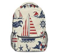 Vintage Nautical Backpack: Red & White Striped Sailboat, Ship Wheel, Ocean Elements, Lightweight Travel Daypack for Men & Women (print 1)