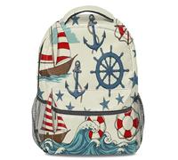 Vintage Nautical Backpack: Red & White Striped Sailboat, Ship Wheel, Ocean Elements, Lightweight Travel Daypack for Men & Women (print 3)