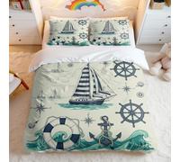 Vintage Nautical Duvet Cover Set, Cartoon Red-White Striped Sailboat, Ocean-Themed Bedding for Kids Bedroom, 3-Piece Set Includes 1 Duvet Cover and 2 Pillowcases (02,King + 50 x 75cm x2)