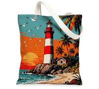 Vintage Nautical Lighthouse Canvas Tote Bag for Shopping 13x15, Beach Tropical Coastal Reusable Grocery Print Bag for Women, Cool Beachy Beach Aesthetic Painting Gift Decor