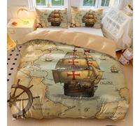 Vintage Nautical Map Duvet Cover Red Sailboat Compass Bedding Set - Retro European Map Design - Soft Microfiber Bedroom Decor (05,Double200x200cm+65x65cm*2)