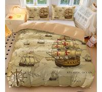 Vintage Nautical Map Duvet Cover Red Sailboat Compass Bedding Set - Retro European Map Design - Soft Microfiber Bedroom Decor (01,Single135x200cm+65x65cm*2)
