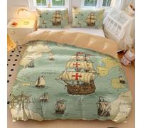 Vintage Nautical Map Duvet Cover Red Sailboat Compass Bedding Set - Retro European Map Design - Soft Microfiber Bedroom Decor (04,King 240x220cm+65x65cm*2)