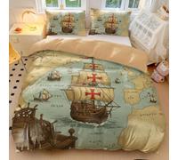 Vintage Nautical Map Duvet Cover Red Sailboat Compass Bedding Set - Retro European Map Design - Soft Microfiber Bedroom Decor (02,King240x220cm+50x75cm*2)