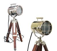 Vintage Nautical Mini Tripod Table Lamp - Antique Searchlight Spotlight Desk Lamp, Industrial Cinema Studio Decorative Standing Light with Wooden Tripod Stand for Office, Bedroom & Home Decor