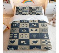Vintage Nautical Print Duvet Cover Set, Blue White Beige Anchor Steering Wheel Ocean Elements, 3-Piece Breathable Bedding for Bedroom Decor (03,Double + 50 x 75cm x2)