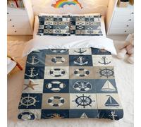 Vintage Nautical Print Duvet Cover Set, Blue White Beige Anchor Steering Wheel Ocean Elements, 3-Piece Breathable Bedding for Bedroom Decor (02,King + 50 x 75cm x2)