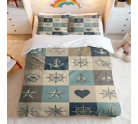 Vintage Nautical Print Duvet Cover Set, Blue White Beige Anchor Steering Wheel Ocean Elements, 3-Piece Breathable Bedding for Bedroom Decor (01,Double + 50 x 75cm x2)