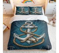 Vintage Nautical Print Duvet Cover Set, Blue White Beige Anchor Steering Wheel Ocean Elements, 3-Piece Breathable Bedding for Bedroom Decor (05,Double + 80 x 80cm x2)