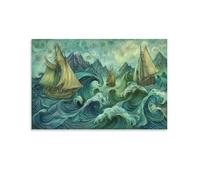 Vintage Nautical Scenery Canvas Wall Art, Sailboat Mountain Coast Picture Painting on Canvas, Print Poster Decoration Artwork for Home Living Room Bedroom Wall Decor Unframe 20x30inch(50x75cm)