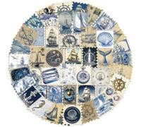 Vintage Nautical Scrapbook Stickers Set 50PCS Transparent PET Gold Foil Stamp Stickers for Junk Journal Collage Laptop and Luggage Decoration, Blue Ocean Ephemera Style