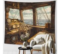Vintage Nautical Ship Steering Wheel Tapestry, Ocean Blue Wall Hanging, Maritime Decorative Art for Living Room, Bedroom, Nautical Theme Home Decor 80x60 Inch