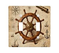 Vintage Nautical Ship Wheel Decorative Light Switch Cover Wall Plate 2 Gang Double Toggle, Aesthetic Anchor Compass Electrical Switchplate, Retro Print Electrical Faceplate for Room