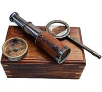 Vintage Nautical Telescope, Compass, Magnifying Glass Set with Handcrafted Wooden Box, Antique Brass Navigation Instruments, Maritime Collectible Decor Vintage Gift