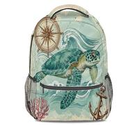 Vintage Nautical Turtle Print Backpack, Watercolor Geometric Shells Rucksack, Tropical Ocean Style Kids School Bag, Lightweight Durable Travel Daypack (print 2)