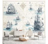 Vintage Nautical Wall Mural for Living Room Bedroom Hallway 350 x 256 cm,Non-Woven Sailing Boat Compass Rose Wall Mural Art, Photo Wall Decor Paper Poster for Kitchen Office Kids