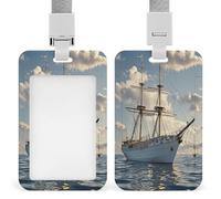 Vintage Nautical White Ship Badge Holder Waterproof Plastic ID Card Badge Holders with Lanyard Vertical Card Case Protector Pouch Clear Window Work Badges for Women Men