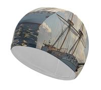 Vintage Nautical White Ship Bathing Cap High Elasticity Swimming Caps Fit Both Long Hair Short Hair Comfortable Large Shower Cap for Drag Reduction and Hair Protection